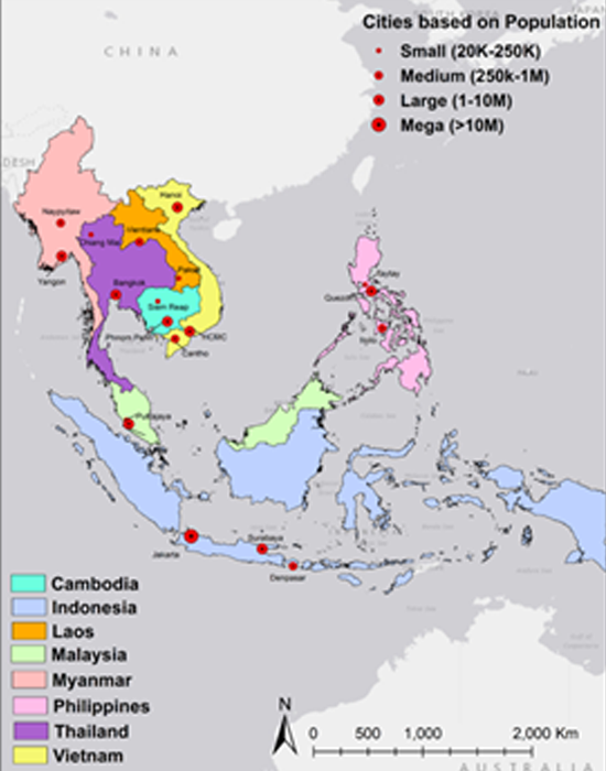 Study area of 8 countries and 19 cities as urban centers of URC, with 1 mega city, 8 large cities, 5 medium cities and 5 small cities, population ranging from 88k in Pakse, Lao PDR to 10.5 million in Jakarta, Indonesia. Courtesy: Peilei Fan